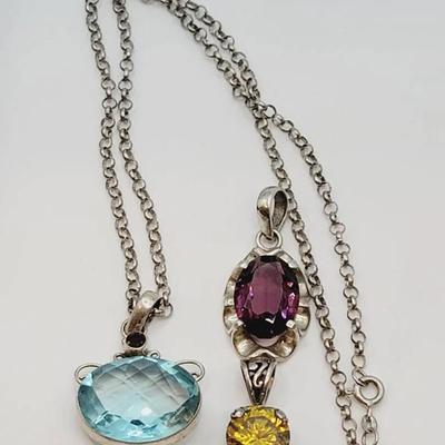 Colorful Gem Cut Sterling Pendants 925 Silver 3 Pc 