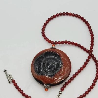 Carnelian Necklace with Carved Focal Bead Flower and Eye