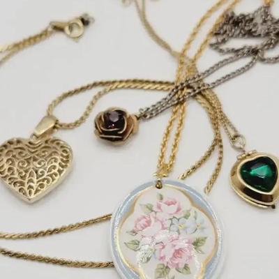Necklace Lot with Romantic Themes - Hearts and Flowers Locket 4 Pc 