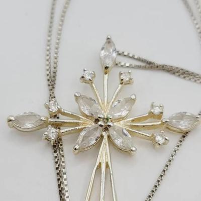 Clear Stone Cross Pendant 925 Silver Sterling 30" Chain 