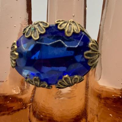 Statement Ring with Massive Antiqued Blue Stone Size 7.5-8 Ring Sterling Gold Leaves