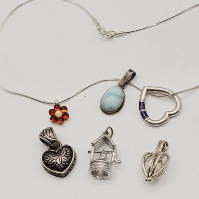 Sterling Chain With 6 Pendants - 2 Hearts, Flower, Wishing Well, Larimar, and Bead Capture Pendant