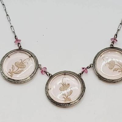 Sterling Etched Pink Glass Intaglio Floral Disc Necklace 