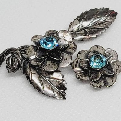 Floral Sterling Pin Brooch with Blue Rhinestone Accents