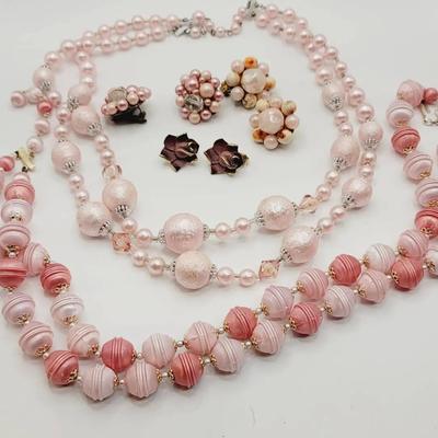 Pretty Pink Vintage Costume Jewelry Necklaces and Earrings