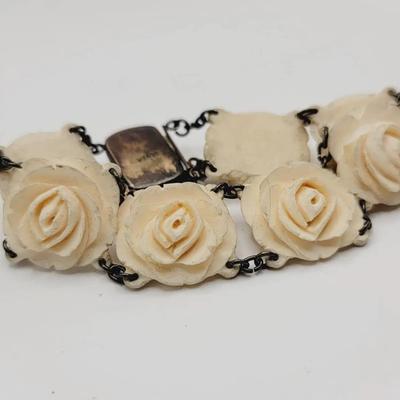 Carved Bone Floral and Sterling Silver Vintage Bracelet 