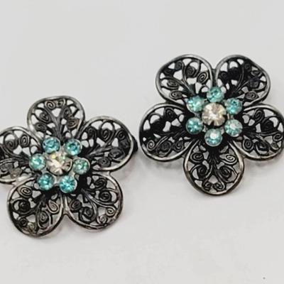 Matched Blue Rhinestone Filigree Pins Vintage 
