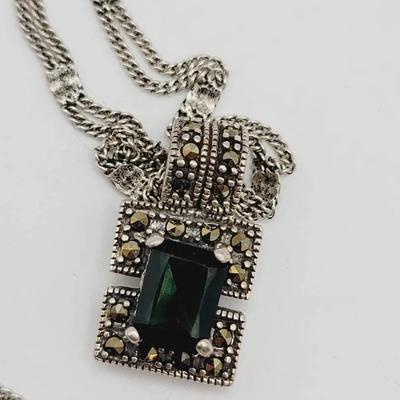 Sterling and Aqua Stone Pendant 925 Silver and Hematite Necklace 