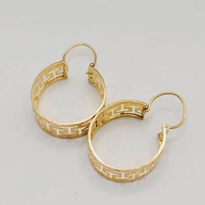 Greek Key 18k 750 Gold Hoop Earrings