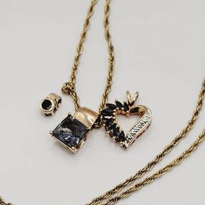 Long Gold Tone Sterling Chain and 3 Pendants 