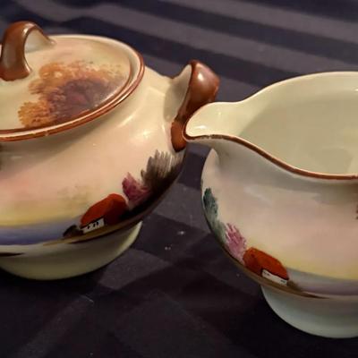 Vintage Hand-Painted Japanese Sugar & Creamer Set – Cottage Landscape – Made in Japan