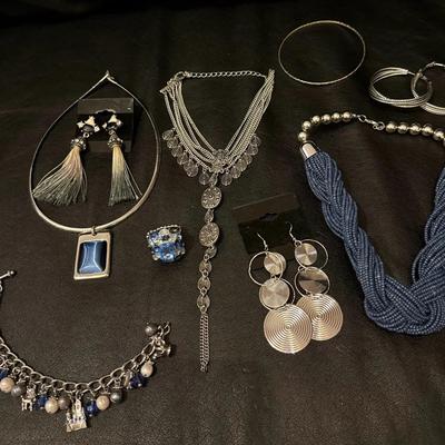 Silver & Blue Statement Jewelry Lot – Necklaces, Bracelets, Earrings & Ring 