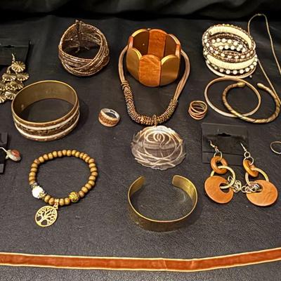 Boho Brown & Gold Statement Jewelry Lot – Wood, Brass, Necklaces, Bracelets, Earrings & Rings