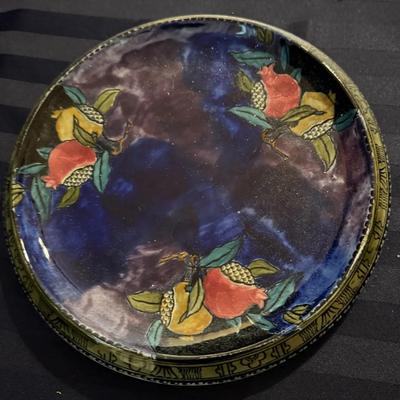 Antique English Hand-Decorated Pottery Plate – Fruit Motif on Dark Glaze – c. Early–Mid 1900s