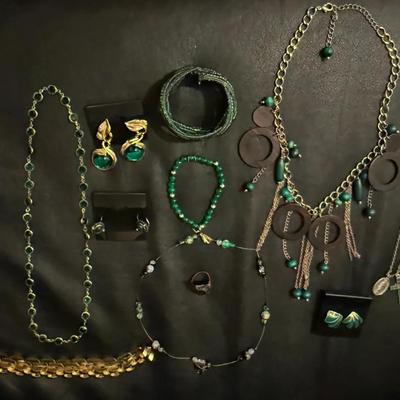 Green & Gold Statement Jewelry Lot – Necklaces, Bracelets, Earrings & Ring 