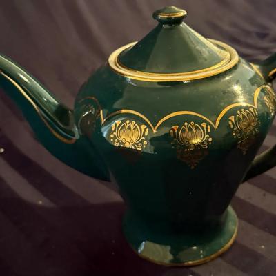Vintage Hall Green & Gold Teapot with Lid – Hall China USA #0240 – Art Deco Style 