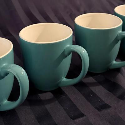 Set of 4 Corelle Coordinates Teal Stoneware Coffee Mugs – White Interior