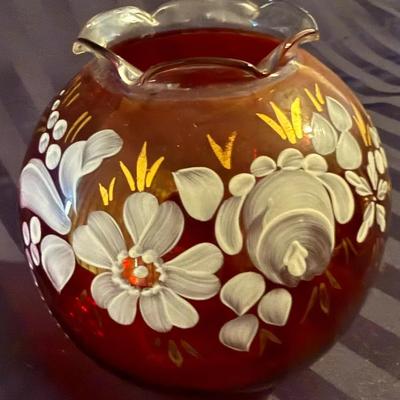 Vintage Hand-Painted Amber Art Glass Vase w/ Floral Design & Scalloped Rim