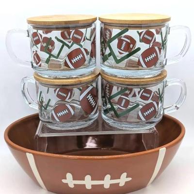 Sale Photo Thumbnail #140: Ceramic Football Serving Bowl | 4 Glass Football Mugs with Lids by Temptations by Tara