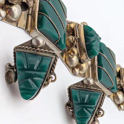 Sale Photo Thumbnail #122: Vintage Sterling Silver Taxco Mexico Green Onyx Bracelet and Earrings Set