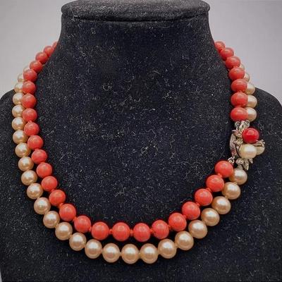 Sale Photo Thumbnail #253: Vintage Imitation Coral and Pearl Beaded Necklace with Flower Clasp