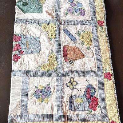 Sale Photo Thumbnail #214: Garden Theme Throw Size Quilt Flowers Birdhouse By Joy Marie