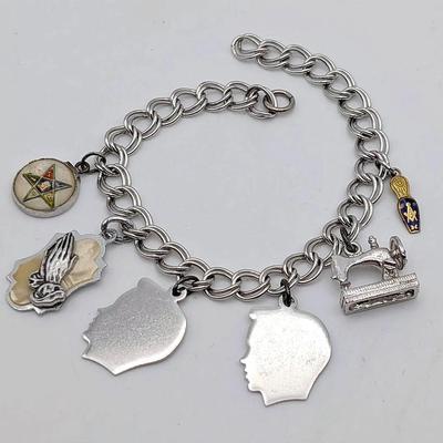 Sale Photo Thumbnail #57: Vintage Charm Bracelet including Masonic Charms | Birthdate Charms | Sewing Machine | Praying Hands