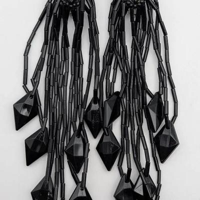 Sale Photo Thumbnail #261: Extra Long Vintage Black Beaded Dangle Clip-On Earrings