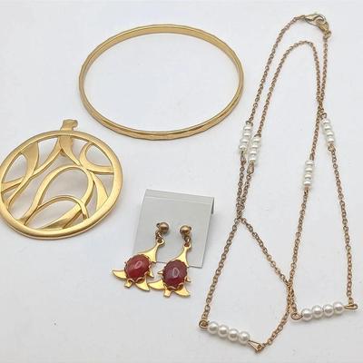 Sale Photo Thumbnail #58: Gold Tone Jewelry Lot | Monet Bangle | Carnelian Tree Earrings | Round Contemporary Pendant | Chain