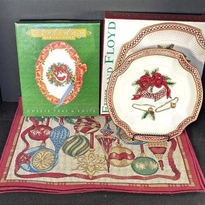 Sale Photo Thumbnail #237: Fitz & Floyd Holiday Bells Plate | Cardinal Cheese Tray with Knife | Christmas Placemats