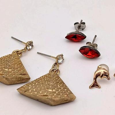 Sale Photo Thumbnail #4: 3 Pairs Pierced Earrings | 10K Dolphins | Reddish Orange Rhinestone  Posts | Pyramids