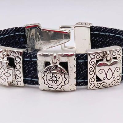 Sale Photo Thumbnail #257: Denim and Silver Tone Western Style Bracelet with Magnetic Closure