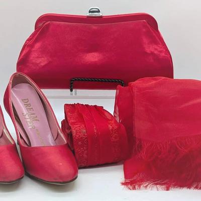 Sale Photo Thumbnail #236: Vintage Satin Red Shoes | Satin Red Clutch Puse | Red Scarf | Red Belt