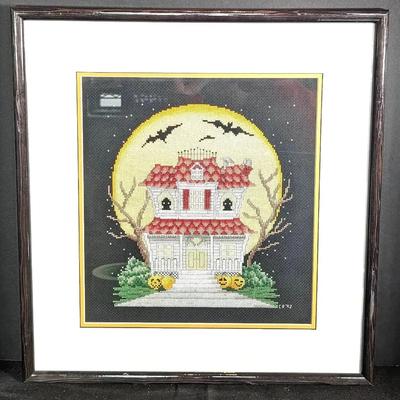Sale Photo Thumbnail #209: Halloween Haunted House Framed Cross Stitch