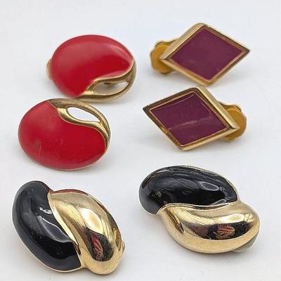 Sale Photo Thumbnail #259: 3 Pairs Vintage Gold Tone and Enamel Clip On Earrings