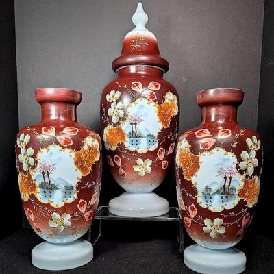 Sale Photo Thumbnail #175: 3 Piece Handpainted Glass Vase and Ginger Jar Set