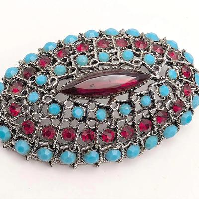 Sale Photo Thumbnail #113: Vintage Brooch with Red and Turquoise Rhinestones