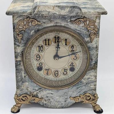 Sale Photo Thumbnail #157: Antique New Haven Clock Co. Mantle Clock with Faux Marble Case and Brass Details