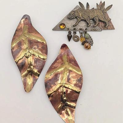Sale Photo Thumbnail #3: Vintage Earrings and Brooch | Copper Leaf Clip-ons | Bengal Tiger Brooch
