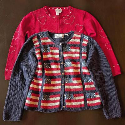 Sale Photo Thumbnail #217: Two Women's Sweaters | Red Hearts by Coldwater Creek | American Flag by Marisa Christina
