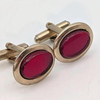 Sale Photo Thumbnail #250: Vintage Gold Tone Cufflinks with Red Cabochons