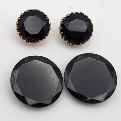 Sale Photo Thumbnail #41: Two Pairs of Vitnage Clip On Earrings | Dark Red Faceted | Black Western Germany