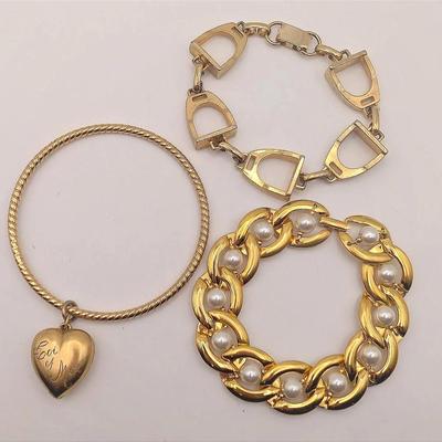 Sale Photo Thumbnail #7: 3 Gold Tone Vintage Bracelets | Napier Faux Pearl | Stirrup Equestrian | Heart Bangle