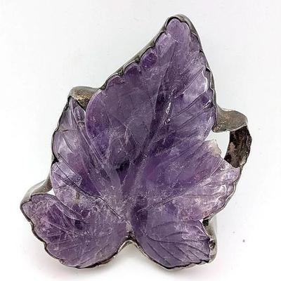 Sale Photo Thumbnail #110: Vintage Carved Amethyst Leaf and Sterling Brooch or Pendant 