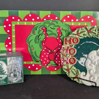 Sale Photo Thumbnail #240: Fitz & Floyd Ho Ho Ho Plate | Williams Sonoma Tree Candle Holders | Christmas Placemats