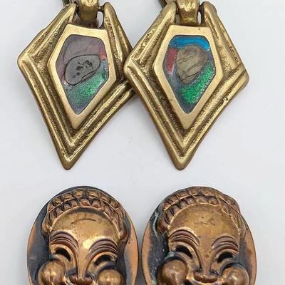 Sale Photo Thumbnail #265: 2 Pairs of Vintage Clip On Earrings | Copper Comedy Clip Ons | Brass Enamel Clip Ons w/ Enamel Inlay