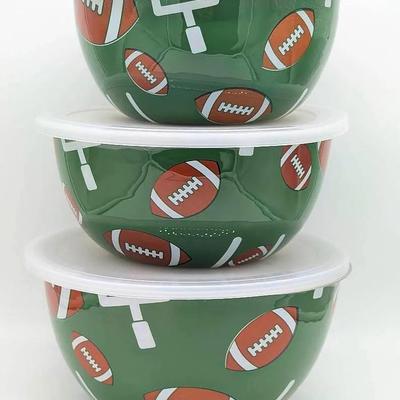 Sale Photo Thumbnail #139: Stainless Stell Snack Bowls with Football Motif and Lids by Temptations by Tara