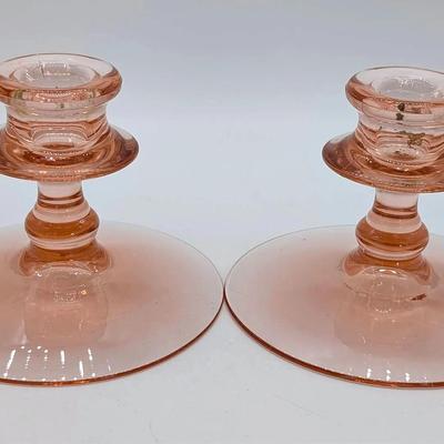 Sale Photo Thumbnail #183: Pink Depression Glass Taper Candle Holders/Candlesticks