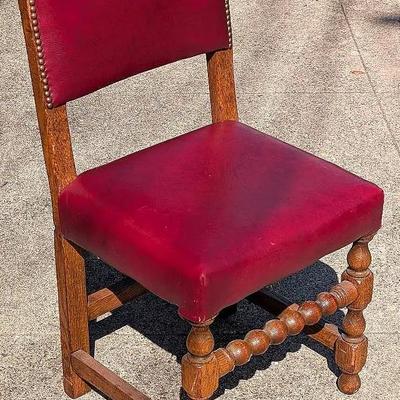 Sale Photo Thumbnail #95: Mediterranean Revival Oak Chair From Historic Venue with Turnings and Fuax Red Leather 