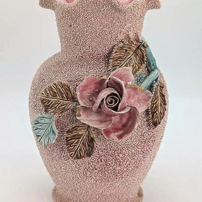 Sale Photo Thumbnail #169: Vintage Majolica Pink Sand Glazed Vase with Applied Rose